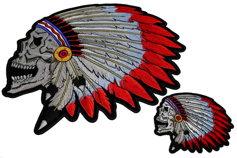 Native Indian Skull Patches With Head Dress Small and Large Set