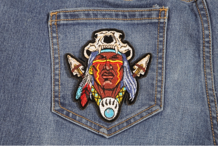 Indian with Arrows and Bear Skull Patch shown on jeans