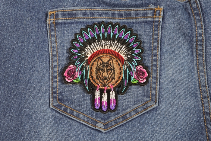 Ladies Native Head Dress Roses and Wolf Patch shown on jeans