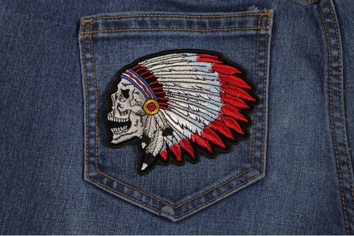 Indian Headdress Skull Patch shown on jeans