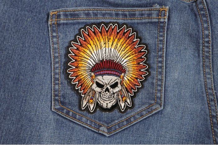 Head Dress Skull Patch shown on jeans