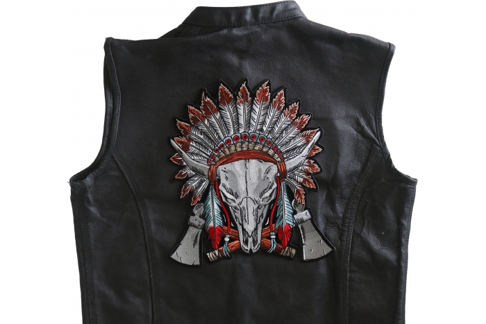 Steer Skull Feathers and Axes Patch, Large Indian Patches shown on leather vest