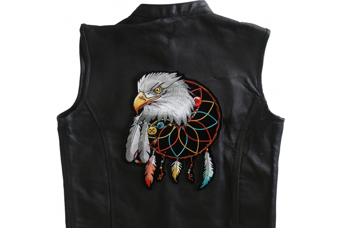 Eagle and Feathers in Dream Catcher Patch, Large Eagle Patches for Jackets shown on leather vest