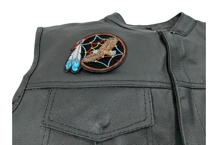 Eagle Dreamcatcher Small Patch - 3.5x3.5 inch. Embroidered Iron on Patch shown on leather vest