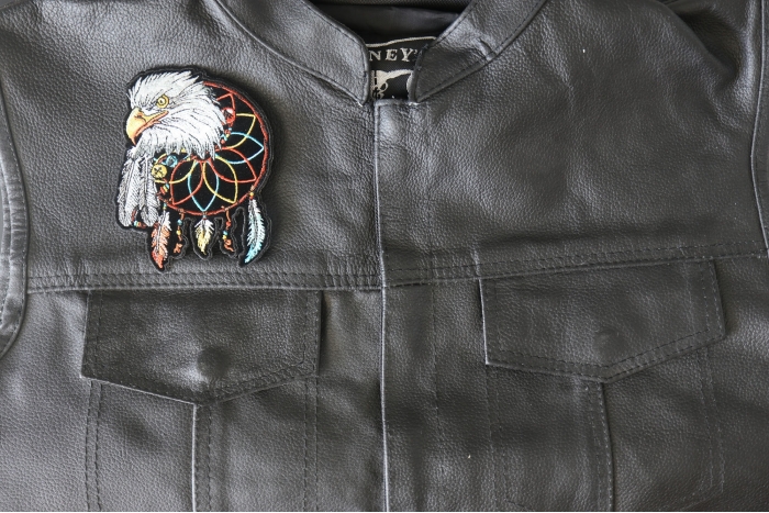 Eagle Feathers Dreamcatcher Native Shaman Patch - 3.5x4.5 inch - Embroidered Iron on Patch shown on leather vest