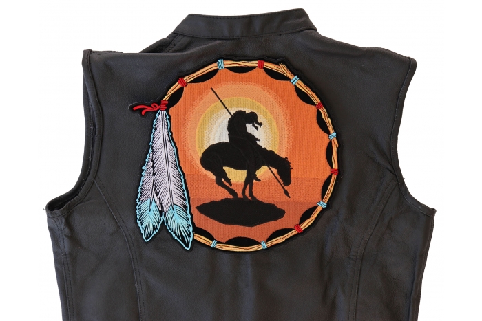 End of Trail Warrior Horse and Sunset Patch, Large Back Patches for Vests shown on leather vest