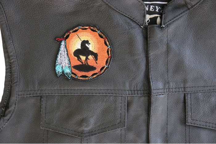 End Of The Trail Small Patch - 3.5x3.5 inch. Embroidered Iron on Patch shown on leather vest