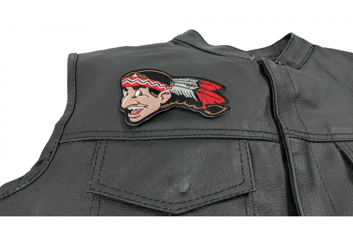 Funny Cartoon Indian Patch - Iron on Patch - 4.5x3 inch shown on leather vest