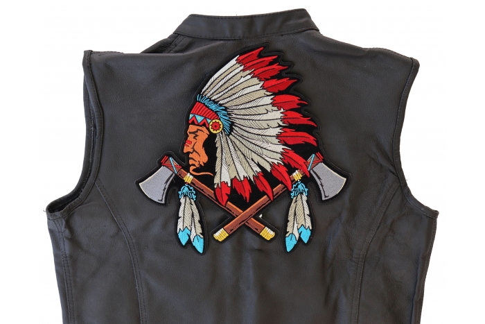Indian Axes and Feathers Patch, Large Indian Patches shown on leather vest