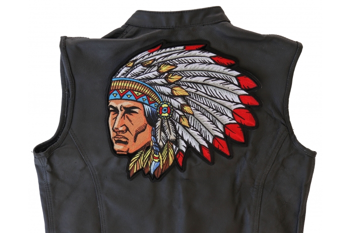 Indian Chief Patch, Large Indian Patches shown on leather vest