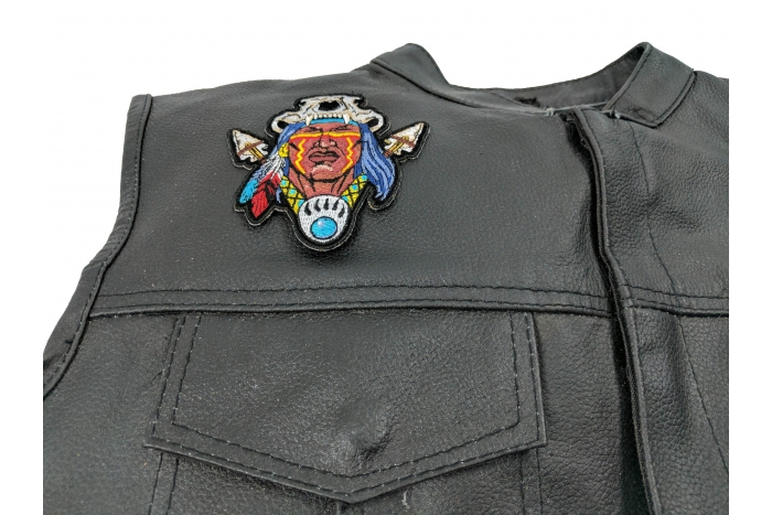 Indian with Arrows and Bear Skull Patch, Skull Patches shown on leather vest