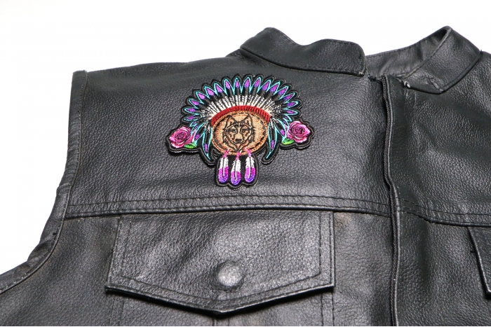 Ladies Native Head Dress Roses and Wolf Patch - 3.9x4 inch. Embroidered Iron on Patch shown on leather vest