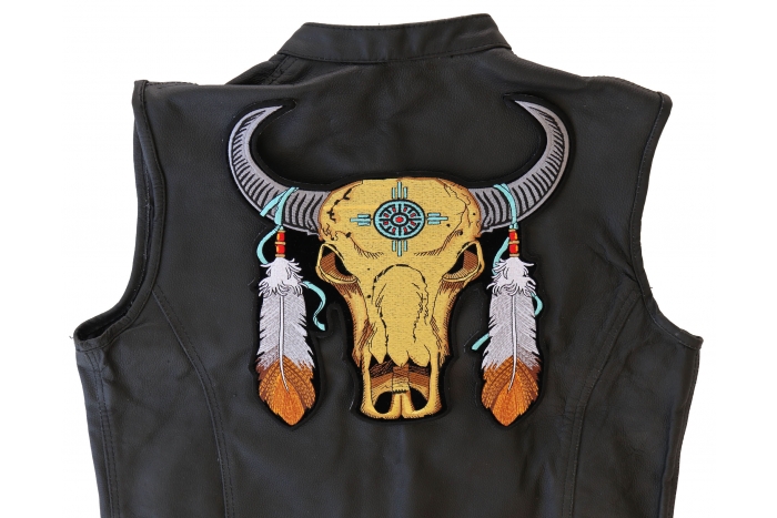 Buffalo and Feathers Patch, Large Animal Patches for Jackets shown on leather vest