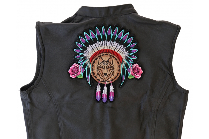 Wolf Roses and Feathers Patch, Large Ladies Back Patches for Jackets shown on leather vest