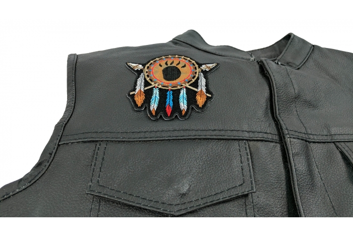 Native Indian Small Patch Design - 4.1x3.9 inch. Embroidered Iron on Patch shown on leather vest