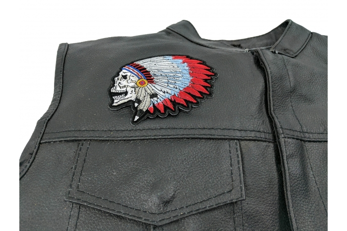 Indian Headdress Skull Patch, Biker Skull Patches shown on leather vest
