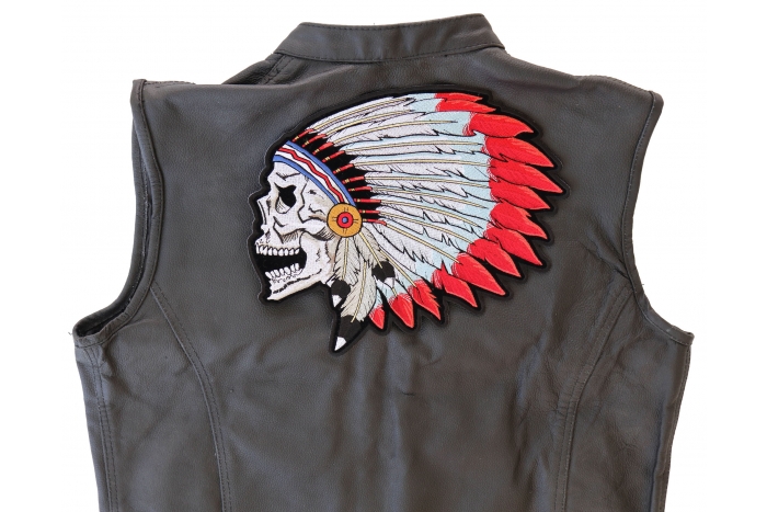 Indian Skull Patch, Large Skull Patches for Biker Jackets shown on leather vest
