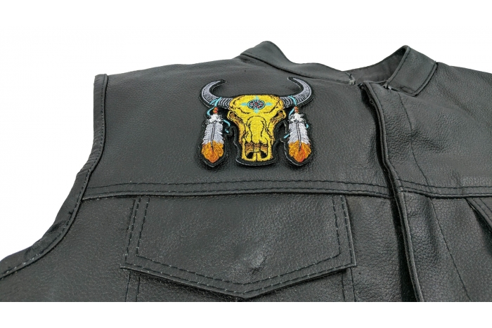 Small Buffalo Head Feathers Patch - 3.5x3.5 inch. Embroidered Iron on Patch shown on leather vest