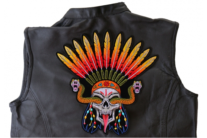 Snake Eye Skull with Feather Hat Patch, Large Indian Patches shown on leather vest