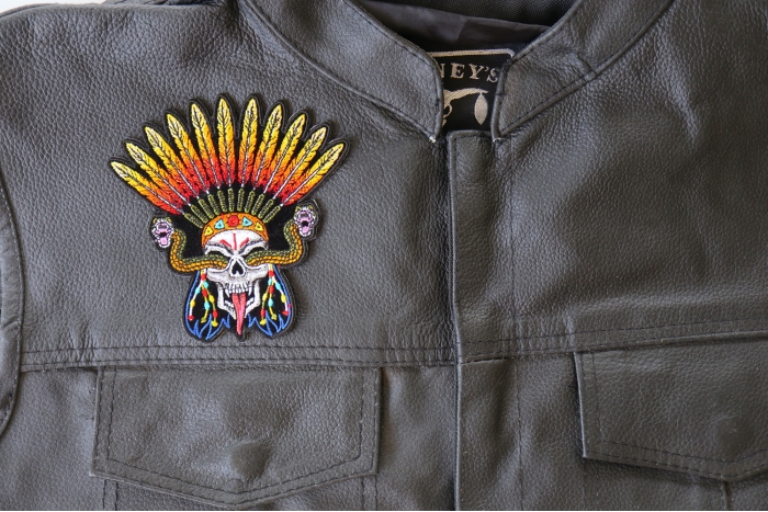 Snake Eye Skull and Feathers Patch, Biker Skull Patches shown on leather vest