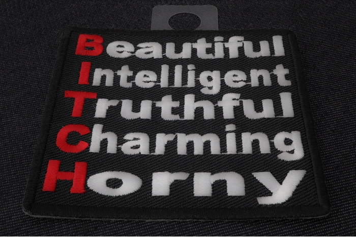 Beautiful Intelligent Truthful Charming Horny Bitch Naughty Patch diagonal view