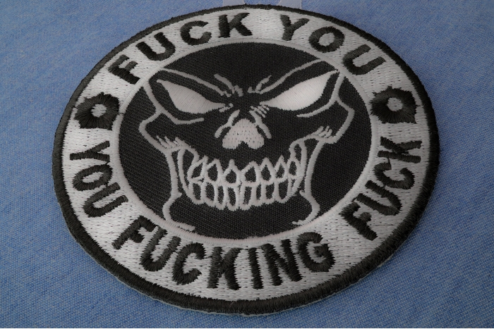 Fuck You You Fucking Fuck Skull Naughty Iron on Patch diagonal view