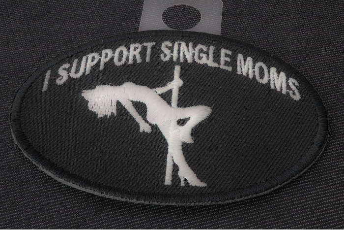 I Support Single Moms Funny Biker Naughty Iron on Patch diagonal view