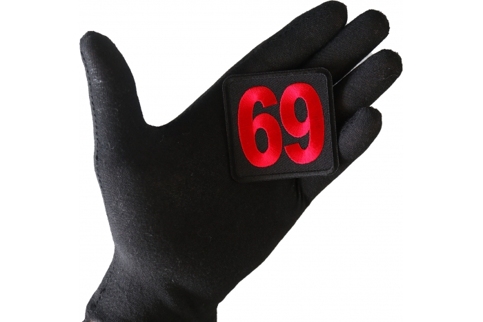 69 Patch, Iron on Patch, Embroidered shown on hand for size comparison