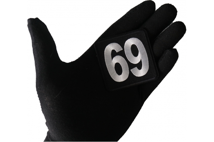 69 Patch, Iron on Patch, Embroidered shown on hand for size comparison