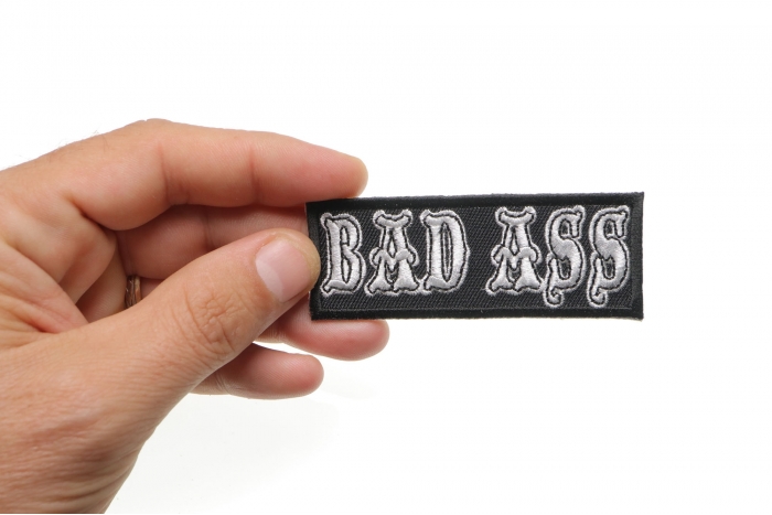 Bad Ass Patch, Funny Patches for Adults shown on hand for size comparison