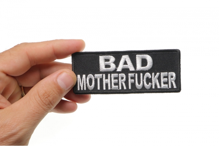Bad Motherfucker Patch, Funny Patches for Adults shown on hand for size comparison