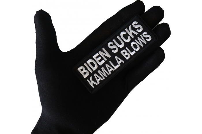 Biden Sucks Kamala Blows Patch shown on hand for size comparison
