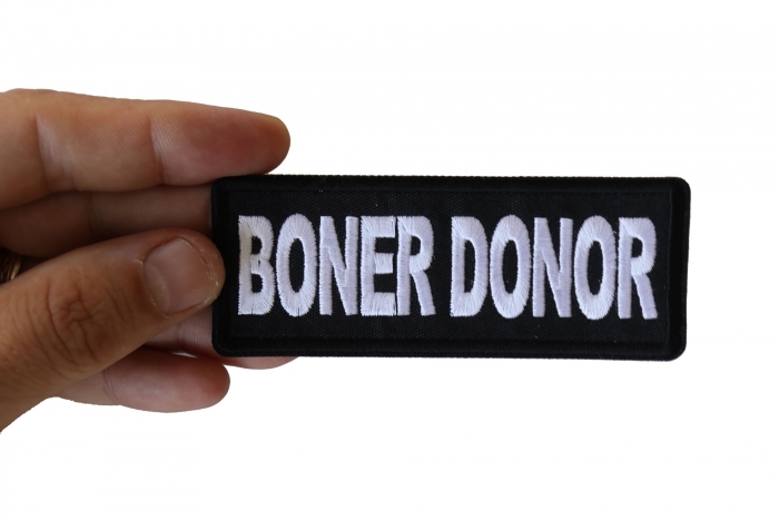 Boner Donor Patch, Funny Saying Patches shown on hand for size comparison