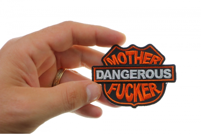 Dangerous Mother Fucker Patch, Funny Patches for Adults shown on hand for size comparison