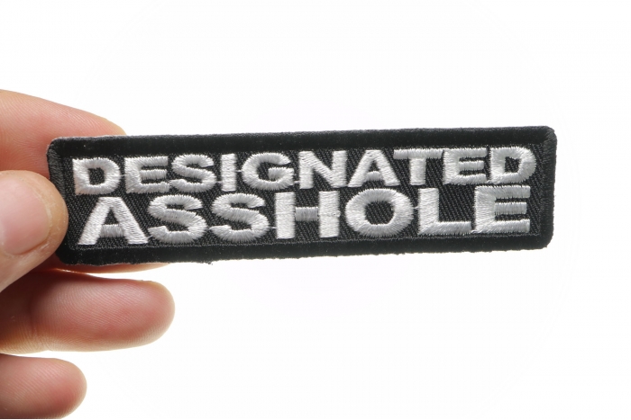 Designated Asshole Patch, Funny Patches for Adults shown on hand for size comparison