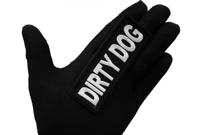 Dirty Dog Iron on Patch shown on hand for size comparison