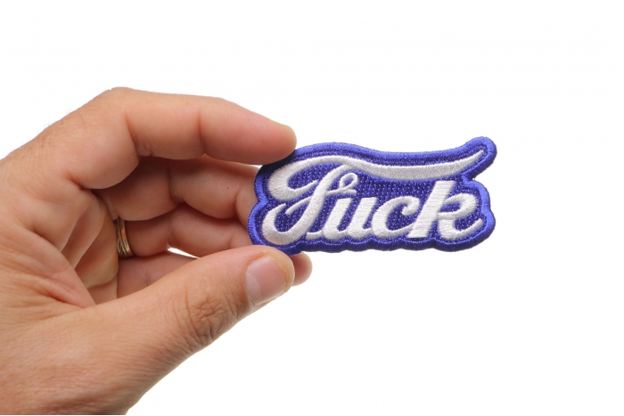 Ford Fuck Biker Naughty Iron on Patch shown on hand for size comparison