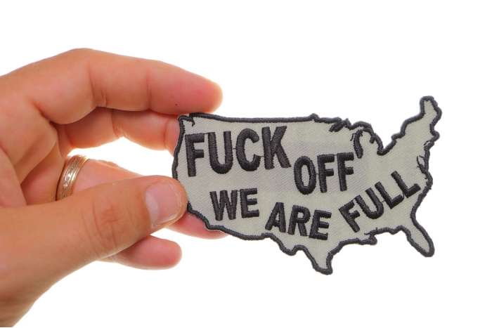 Fuck Off We Are Full Patch, Funny Patches for Adults shown on hand for size comparison
