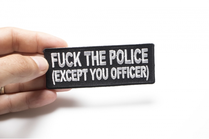 Fuck The Police Except You Officer Patch, Funny Patches for Adults shown on hand for size comparison
