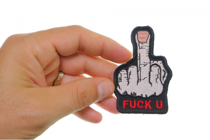 Fuck U Finger Naughty Iron on Patch shown on hand for size comparison