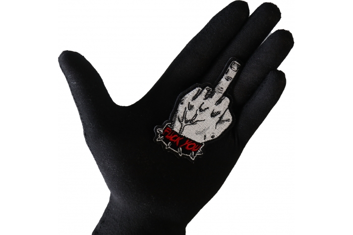 Fuck You Giving the Finger Patch shown on hand for size comparison