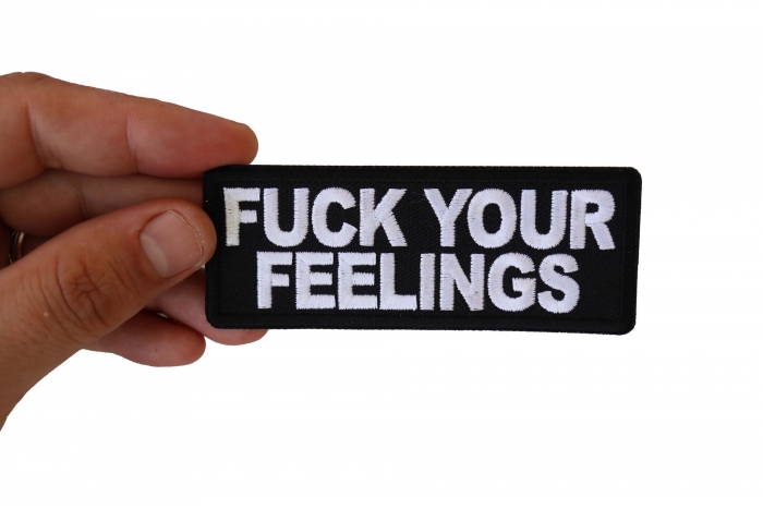 Fuck Your Feelings Patch, Funny Patches for Adults shown on hand for size comparison