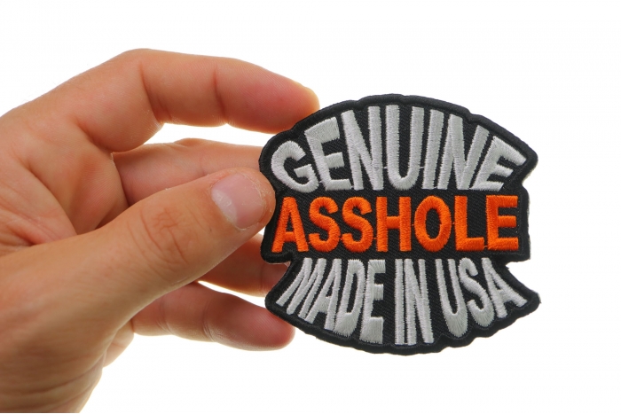 Genuine Asshole Made In USA Patch, Funny Patches for Adults shown on hand for size comparison