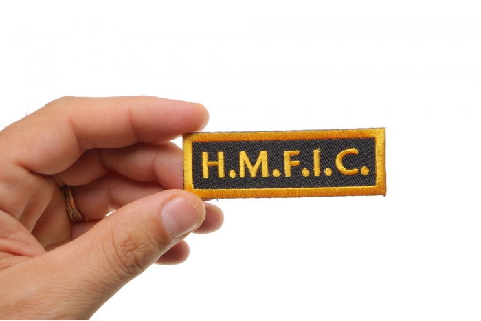 HMFIC Patch, Funny Patches for Adults shown on hand for size comparison