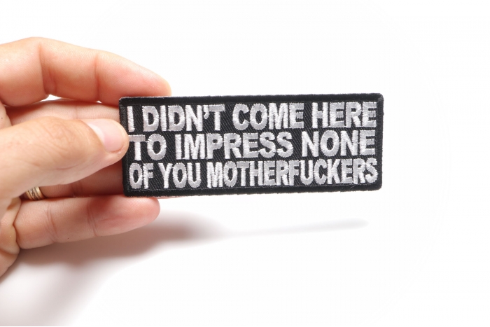 I Didn't Come Here To Impress None of You Motherfuckers Patch, Funny Patches for Adults shown on hand for size comparison