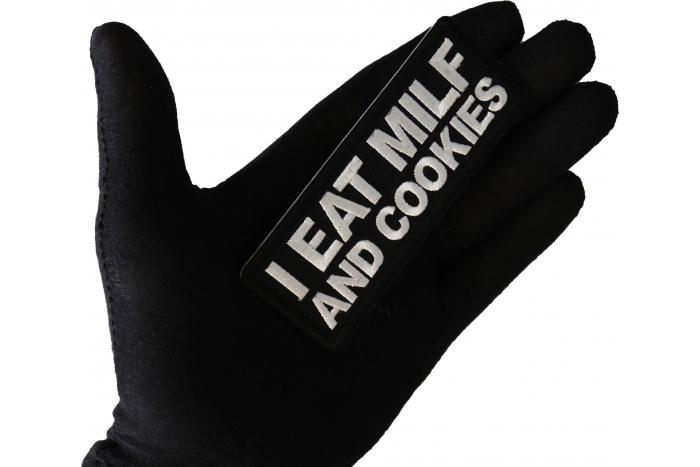 I Eat Milf and Cookies Patch, Funny Saying Patches shown on hand for size comparison