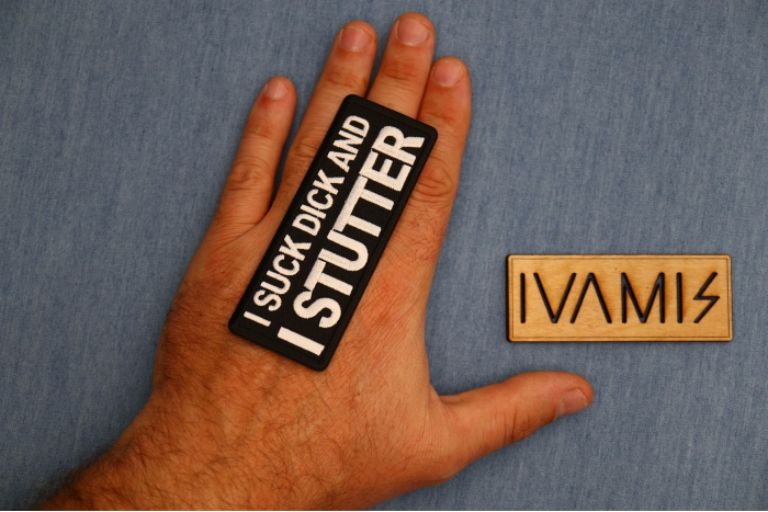 I Suck Dick and I Stutter Patch, Funny Saying Patches, Sew or Iron on shown on hand for size comparison