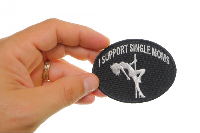 I Support Single Moms Funny Biker Naughty Iron on Patch shown on hand for size comparison