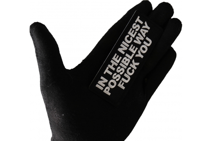 In the nicest possible way Fuck You Patch, Funny Patches for Adults shown on hand for size comparison