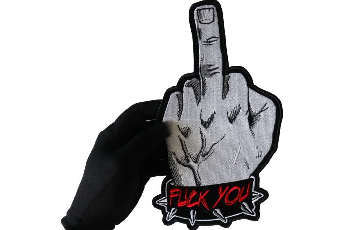 Fuck You Finger Patch, Large Back Patches for Vests shown on hand for size comparison